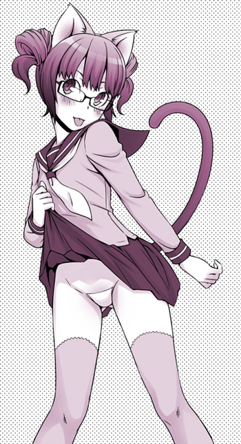 ha-ru, medical berry, animal ears, cat ears, clothes lift, glasses, lifting own clothes, maebari, school uniform, serafuku, skirt, skirt lift, solo, thighhighs