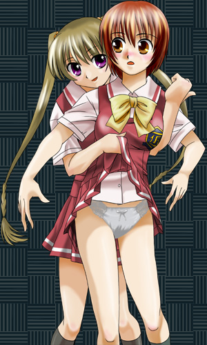 sentape, kurusu tomari, osaragi hazumu, kashimashi, lowres, 00s, 2girls, black socks, blouse, blush, bow, bow panties, bowtie, clothes lift, kneehighs, long hair, multiple girls, panties, pleated skirt, school uniform, serafuku, shirt, short hair, skirt, skirt lift, socks, twintails, underwear, vest, white panties