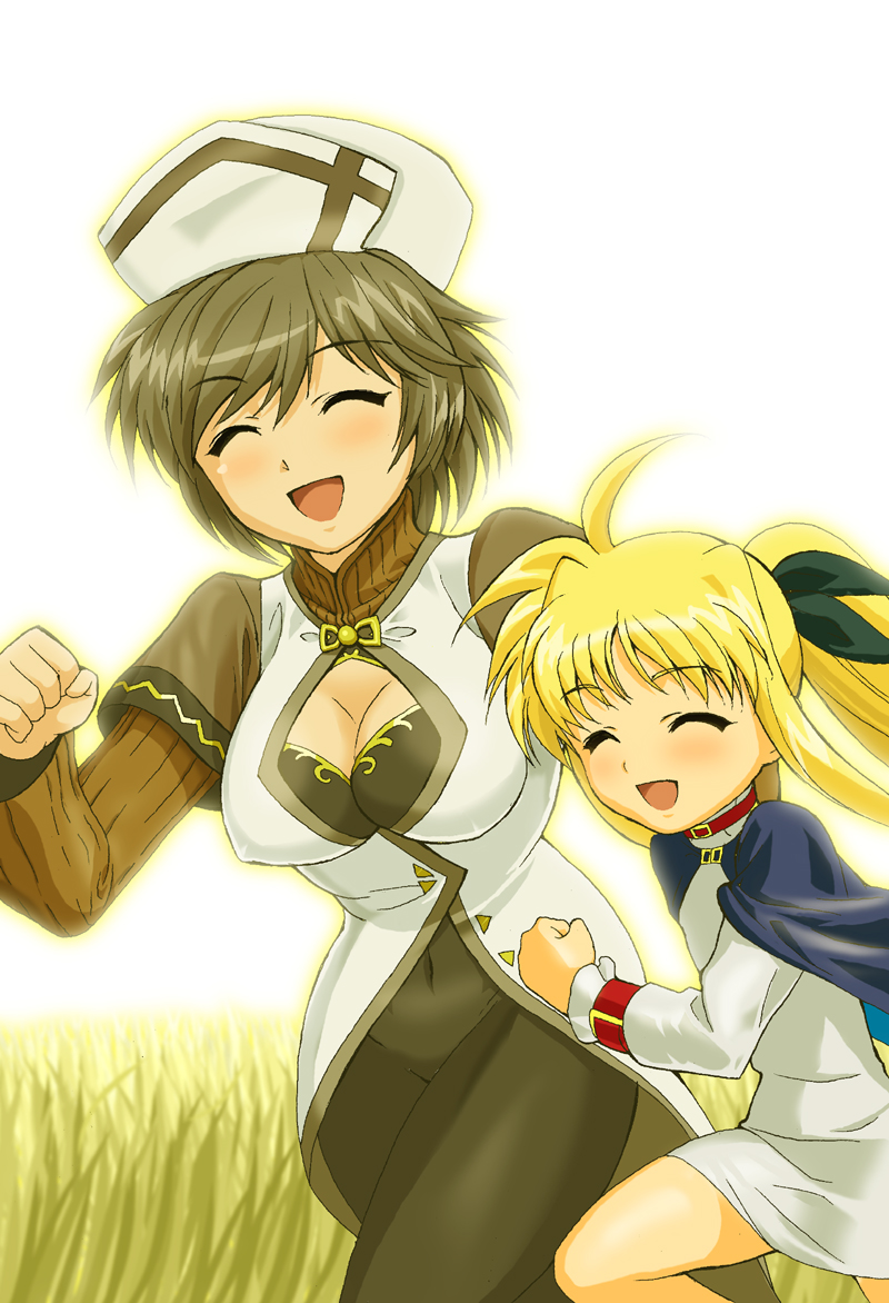 g-tetsu, fate testarossa, rynith, lyrical nanoha, mahou shoujo lyrical nanoha, mahou shoujo lyrical nanoha a's, 00s, 2girls, :d, ^ ^, age difference, ahoge, blush, breasts, cape, cleavage, cleavage cutout, clenched hand, closed eyes, clothing cutout, collar, covered erect nipples, dress, field, flat chest, grey hair, hair ribbon, happy, hat, large breasts, leg lift, long hair, multiple girls, navel, open mouth, outdoors, profile, ribbon, running, short dress, short hair, sidelocks, skin tight, smile, sweater, swept bangs, thighs, turtleneck, twintails, unitard, wristband