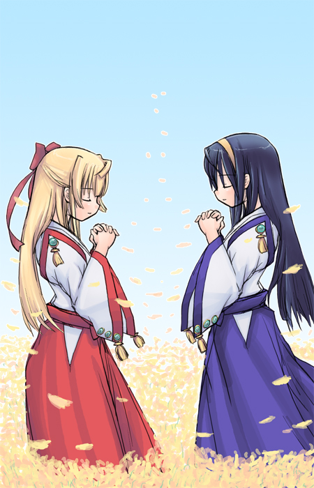 chaudlapin, himemiya chikane, kurusugawa himeko, kannazuki no miko, light brown hair, 00s, 2girls, blue hair, bow, female focus, hair bow, hairband, hakama, hakama skirt, half updo, japanese clothes, light smile, long hair, miko, multiple girls, own hands clasped, own hands together, petals, praying, profile, red hakama, skirt, standing, wide sleeves
