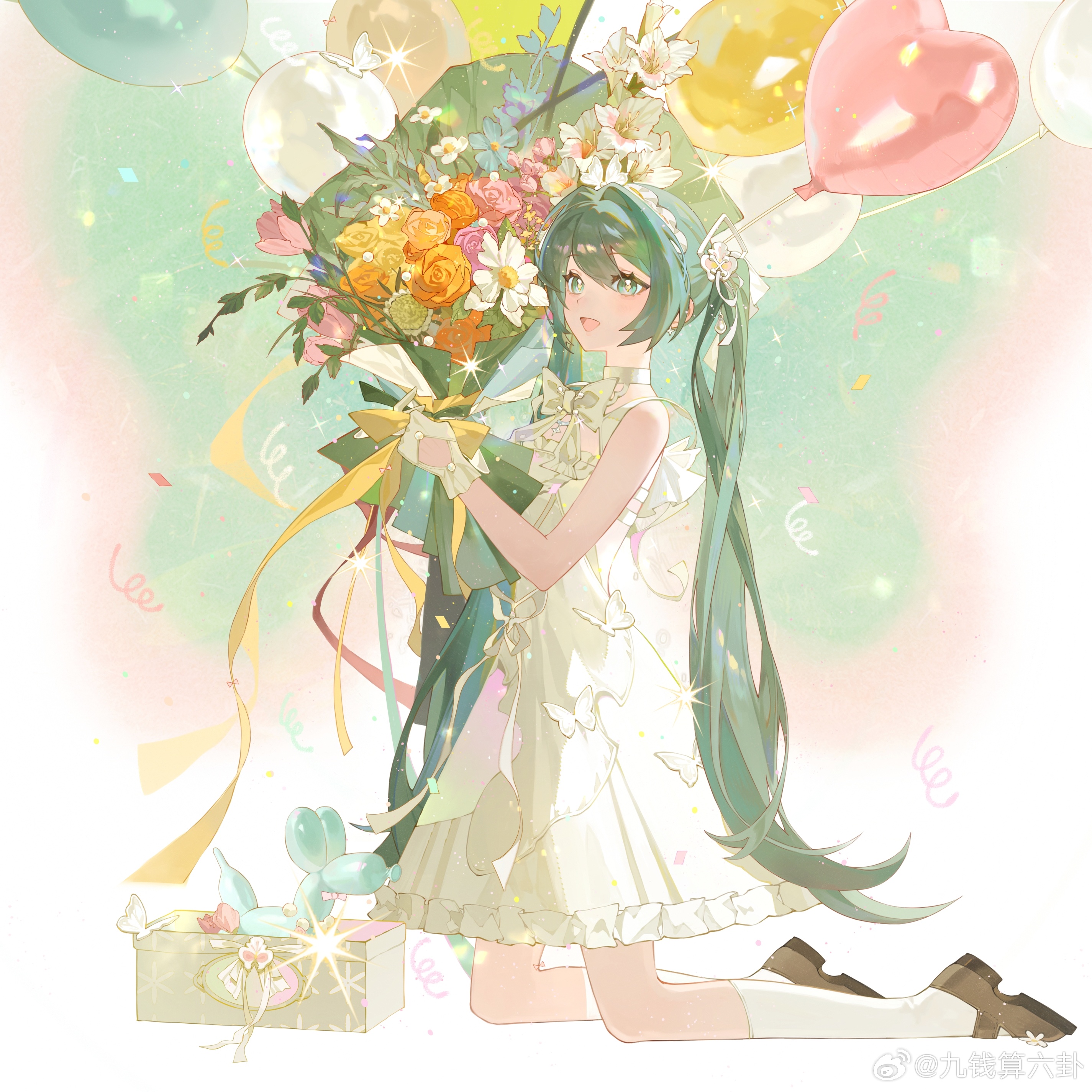 shachang, hatsune miku, vocaloid, absurdres, highres, balloon, balloon animal, blue flower, bouquet, bow, bowtie, box, brown shoes, bug, butterfly, butterfly ornament, carnation, clothing cutout, confetti, double-parted bangs, dress, earrings, flower, frilled dress, frills, full body, gift, gift box, glove cutout, gloves, green background, green eyes, green hair, hair between eyes, hair intakes, headband, heart balloon, holding, holding bouquet, insect, jewelry, kneehighs, kneeling, leaf, long hair, open mouth, orange flower, orange rose, pink flower, rose, shoes, sleeveless, sleeveless dress, smile, socks, sparkle, star (symbol), star earrings, streamers, swept bangs, twintails, very long hair, watermark, weibo username, weibo watermark, white background, white bow, white bowtie, white butterfly, white dress, white flower, white gloves, white headband, yellow flower