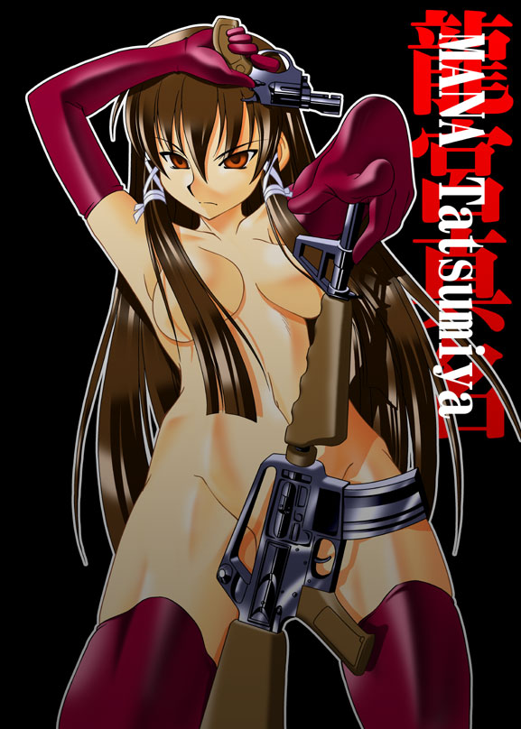 k.m.station, tatsumiya mana, mahou sensei negima!, 00s, 1girl, armpits, assault rifle, brown hair, censored, convenient censoring, elbow gloves, female focus, gloves, gun, hair censor, hair over breasts, handgun, long hair, m16, nude, orange eyes, pointing, red gloves, red thighhighs, revolver, rifle, solo, thighhighs, weapon