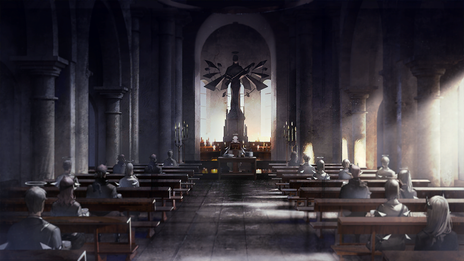 arknights, game cg, highres, official art, third-party source, 6+boys, 6+girls, angel and devil, bench, brown hair, candelabra, candle, candlestand, church, demon horns, detached wings, energy wings, halo, horns, multiple boys, multiple girls, plate, plate stack, sitting, standing, statue, stefano torregrossa (arknights), symmetry, table, white hair, wings