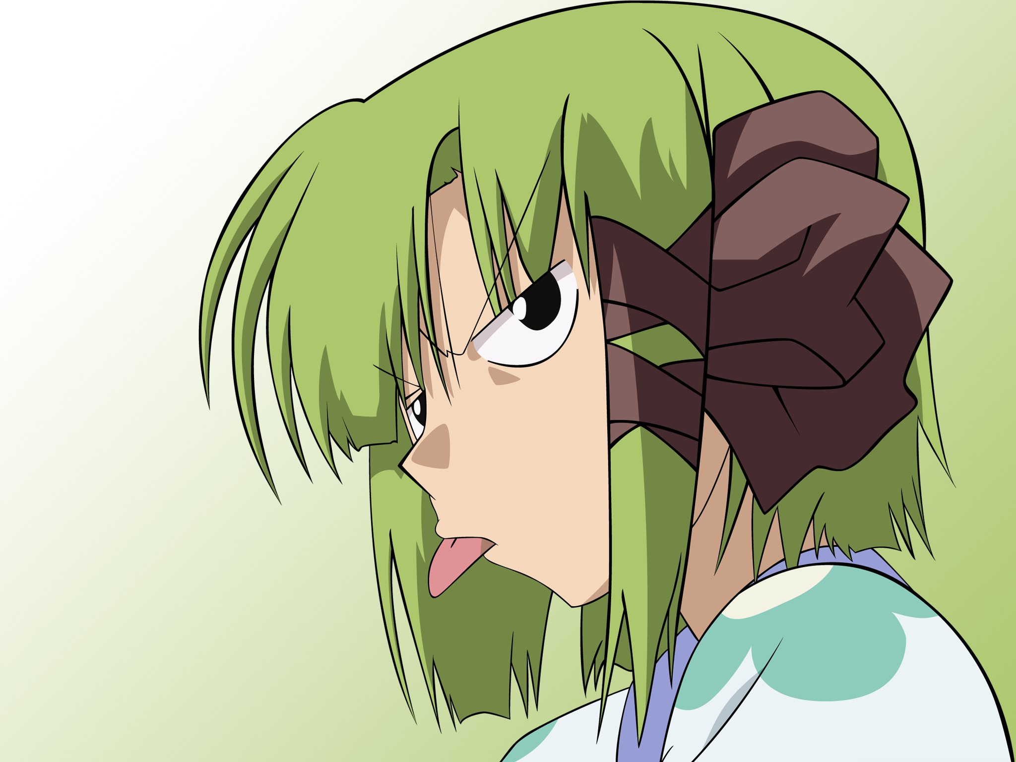 shigure asa, shuffle!, derivative work, highres, vector trace, 00s, 1girl, female focus, gradient background, green hair, green theme, hair ribbon, jitome, ribbon, scowl, solo, tongue, tress ribbon