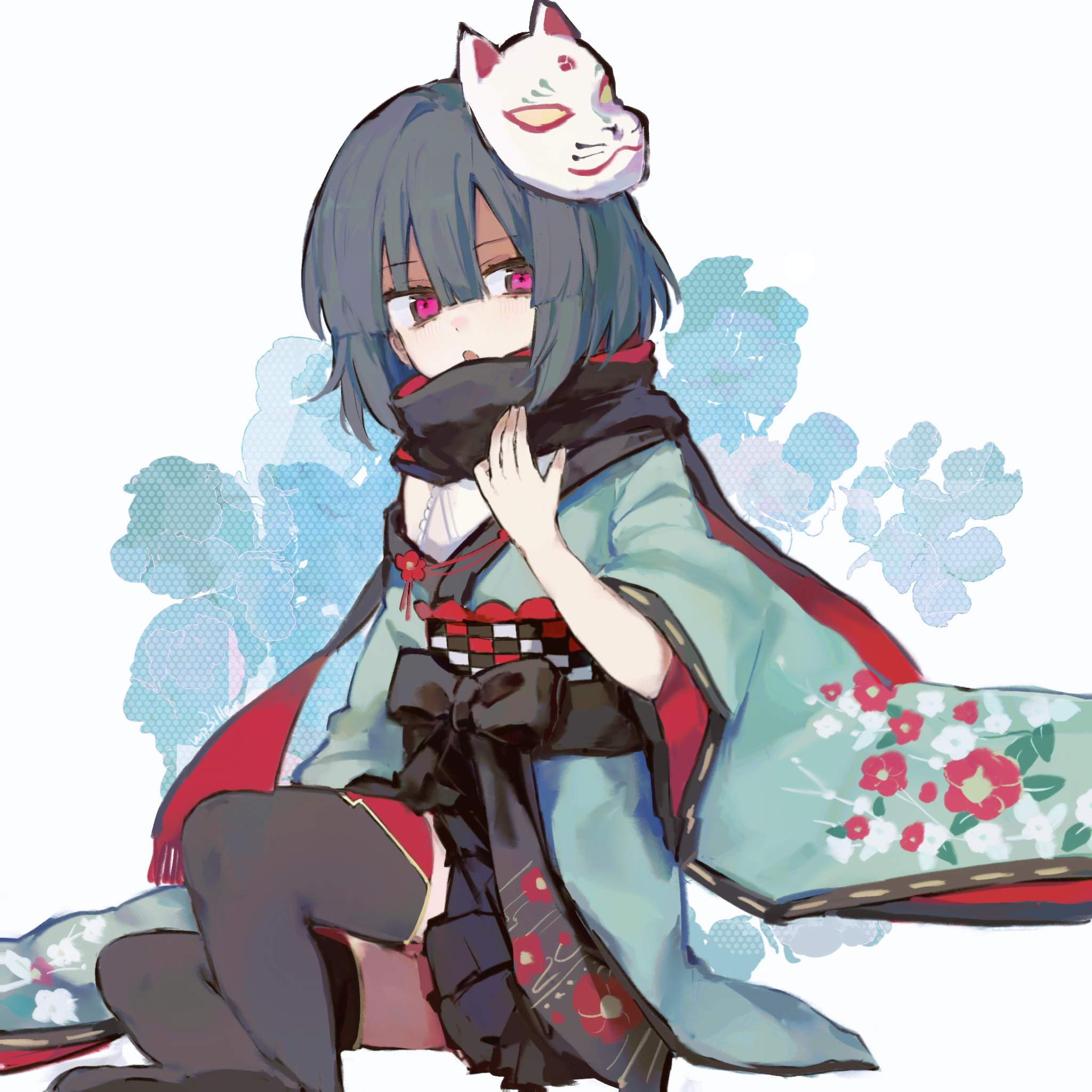 aihara tsubaki, ongeki, highres, 1girl, :o, black bow, black bowtie, black pantyhose, black scarf, black skirt, black thighhighs, bow, bowtie, breasts, full body, green kimono, grey hair, japanese clothes, kimono, looking at viewer, mask, medium hair, miniskirt, pantyhose, pink eyes, red scarf, scarf, short kimono, simple background, skirt, small breasts, solo, thighhighs, two-sided fabric, two-sided scarf, user vfhp5485, white background