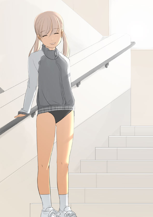 kiriman (souldeep), 1girl, buruma, closed eyes, female focus, gym uniform, solo, stairs, twintails
