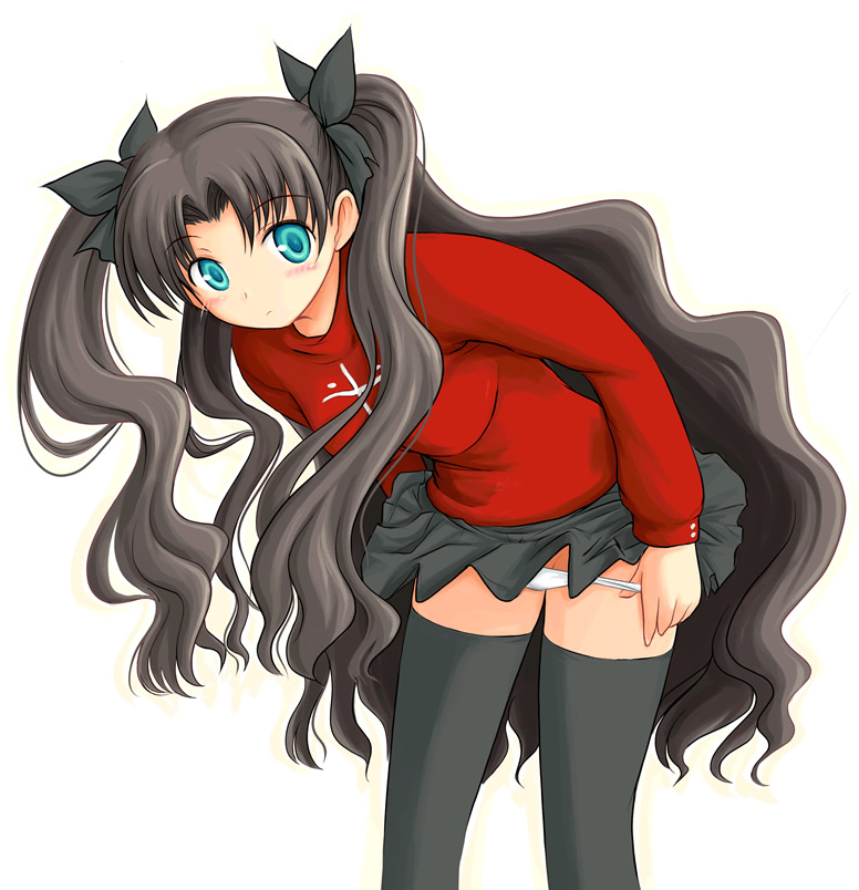 ryp, tohsaka rin, fate/stay night, fate (series), 00s, 1girl, black hair, black skirt, black thighhighs, blush, clothes lift, female focus, green eyes, hair ribbon, leaning forward, long hair, looking at viewer, miniskirt, panties, panty pull, ribbon, simple background, skirt, skirt lift, solo, standing, thighhighs, turtleneck, twintails, two side up, underwear, undressing, very long hair, white background, white panties