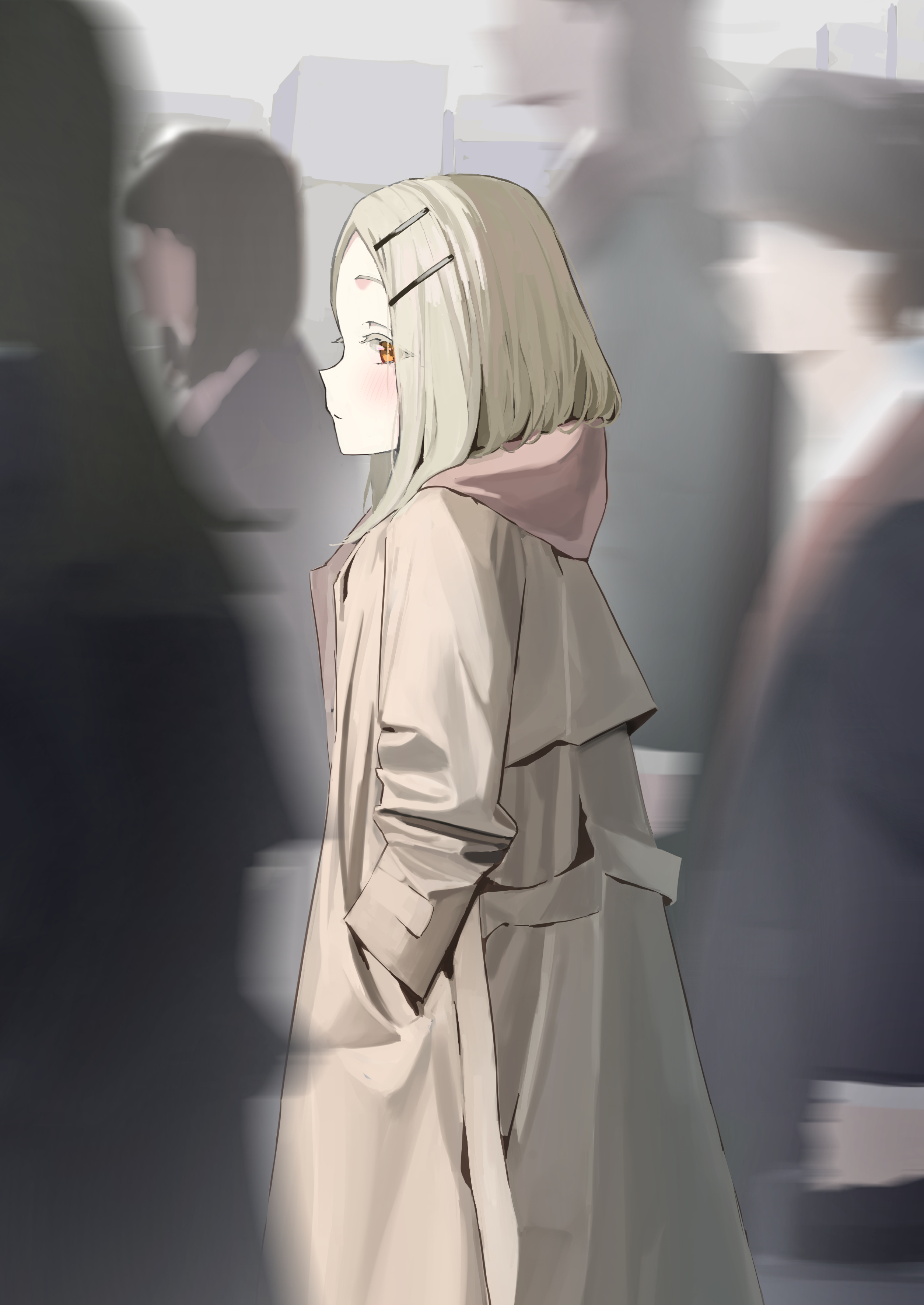 katachi, shinosawa hiro, gakuen idolmaster, idolmaster, absurdres, commentary, highres, 1girl, blonde hair, blurry, coat, colored eyelashes, depth of field, faceless, hand in pocket, looking at viewer, motion blur, orange eyes, people, sideways glance, solo focus, trench coat
