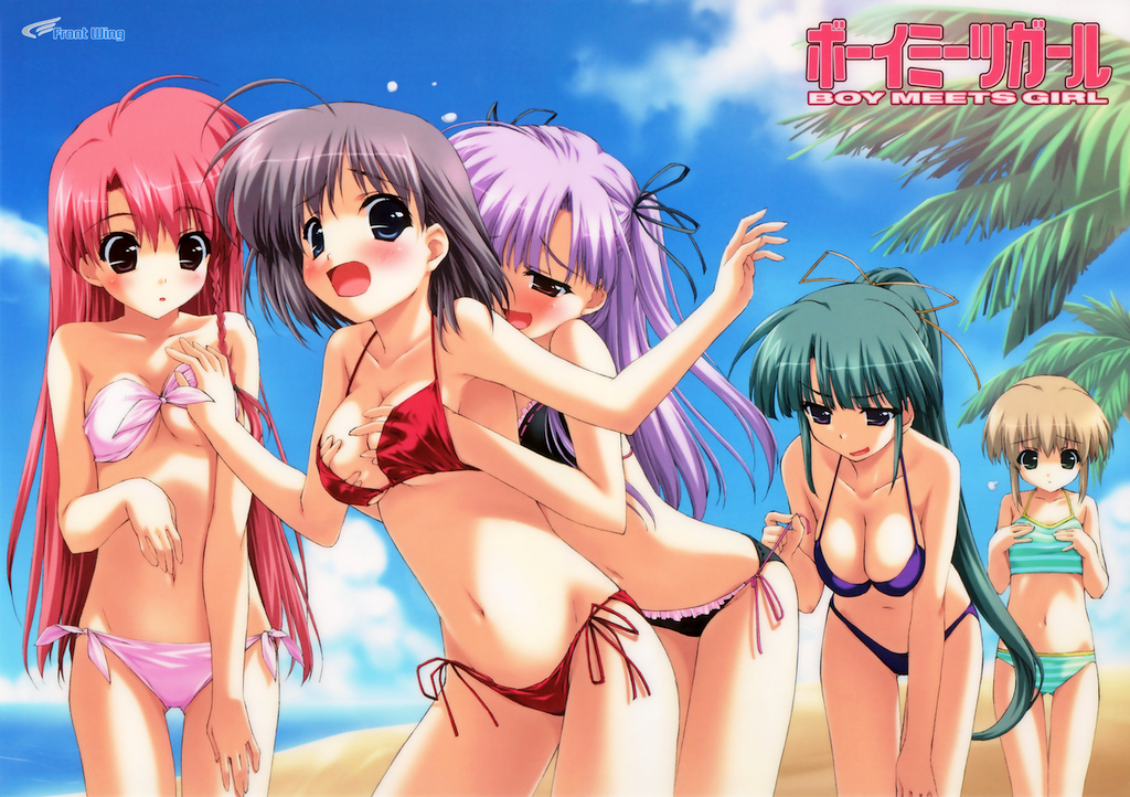 shintarou, kasugano haruna, kumotani chizuru, shingyouji mao, souma nanami, tsubasa miu, boy meets girl, duplicate, 5girls, ahoge, bandeau, beach, bikini, black bikini, blue eyes, blush, braid, breast envy, breasts, brown hair, cleavage, cloud, copyright name, day, everyone, flat chest, frilled bikini, frills, front-tie top, grabbing another's breast, green eyes, green hair, green one-piece swimsuit, grey hair, groping, hair ribbon, hand under clothes, large breasts, leaning forward, long hair, lowleg, lowleg bikini, midriff, multiple girls, naughty face, one-piece swimsuit, open mouth, outdoors, pink bikini, pink hair, ponytail, purple eyes, purple hair, purple one-piece swimsuit, red one-piece swimsuit, ribbon, short hair, side-tie bikini bottom, side braid, single braid, sky, sports bikini, strapless, string bikini, striped bikini, striped clothes, surprised, surprised arms, swimsuit, tankini, tube top, two side up, underboob, very long hair