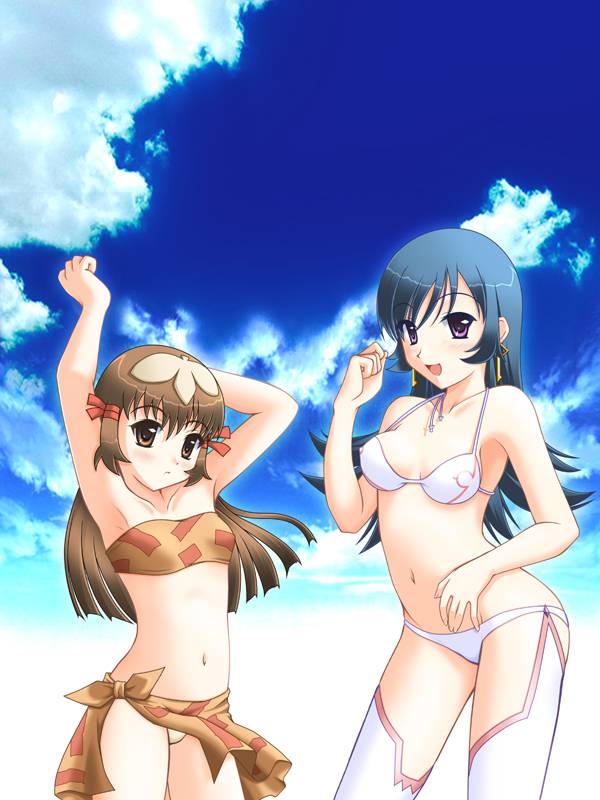 kotona elegance, re mii, zoids, zoids genesis, 00s, 2girls, bikini, day, multiple girls, sarong, sky, swimsuit, thighhighs