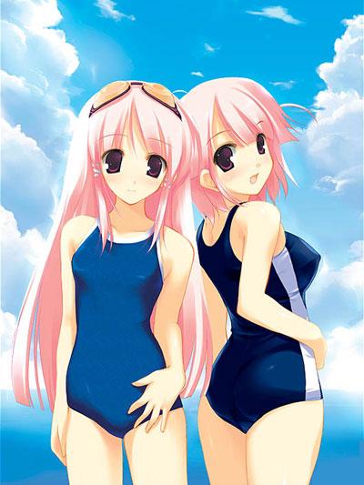 amazuyu tatsuki, hitomi sena, hitomi yomi, sukumizu 2, stand, 2girls, beach, cloud, cowboy shot, day, long hair, looking at viewer, multiple girls, one-piece swimsuit, outdoors, pink hair, short hair, sky, swimsuit, thighs