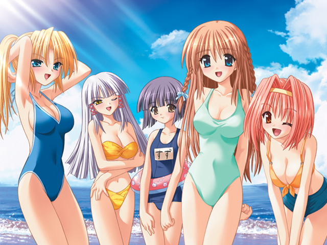 alma, matra milan, araragi madoka, asamiya kyou, mitsuki kanae, shidou suzu, tozaki yui, alma ~zutto soba ni…~, game cg, 5girls, beach, bikini, cloud, day, everyone, innertube, multiple girls, name tag, one-piece swimsuit, outdoors, school swimsuit, sky, swim ring, swimsuit