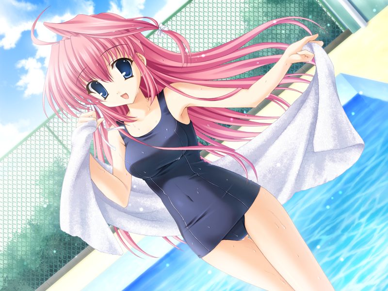 sukumizu 2, game cg, 1girl, :d, chain-link fence, cloud, covered navel, day, dutch angle, female focus, fence, gift, long hair, looking at viewer, one-piece swimsuit, open mouth, outdoors, pink hair, pool, poolside, school swimsuit, smile, solo, swimsuit, thigh gap, towel, wet