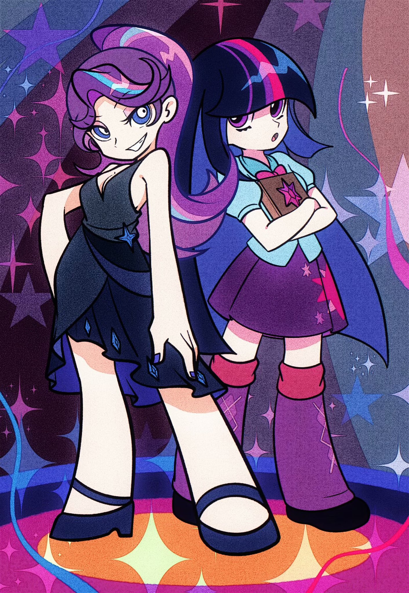 mai liang pi xiang jiang qing jiang bi ou ti, starlight glimmer, starlight glimmer (equestria girls), twilight sparkle, twilight sparkle (human), my little pony, my little pony: equestria girls, my little pony: friendship is magic, commentary, english commentary, highres, 2girls, :d, :o, alternate skin color, argyle clothes, bare arms, bare shoulders, black hair, black shoes, blue eyes, blue hair, blue nails, blue shirt, blue skirt, blunt bangs, blunt ends, book, bow, bowtie, breasts, bright pupils, cleavage, collared shirt, colored inner hair, colored skin, crossed arms, cutie mark, diamond (shape), eyeshadow, film grain, frilled skirt, frills, full body, grey background, grey shirt, grin, hand on own hip, hand on own thigh, high heels, high ponytail, holding, holding book, hugging book, hugging object, leg warmers, long hair, looking at viewer, makeup, medium skirt, miniskirt, multicolored hair, multiple girls, nail polish, open mouth, panty & stocking with garterbelt (style), pink bow, pink bowtie, pink eyeshadow, pink hair, pleated skirt, ponytail, puffy short sleeves, puffy sleeves, purple eyes, purple hair, purple leg warmers, purple skin, shirt, shoes, short sleeves, simple background, skirt, sleeveless, sleeveless shirt, small breasts, smile, sparkle, standing, star (symbol), star print, straight hair, streaked hair, tongue, very long hair, white pupils