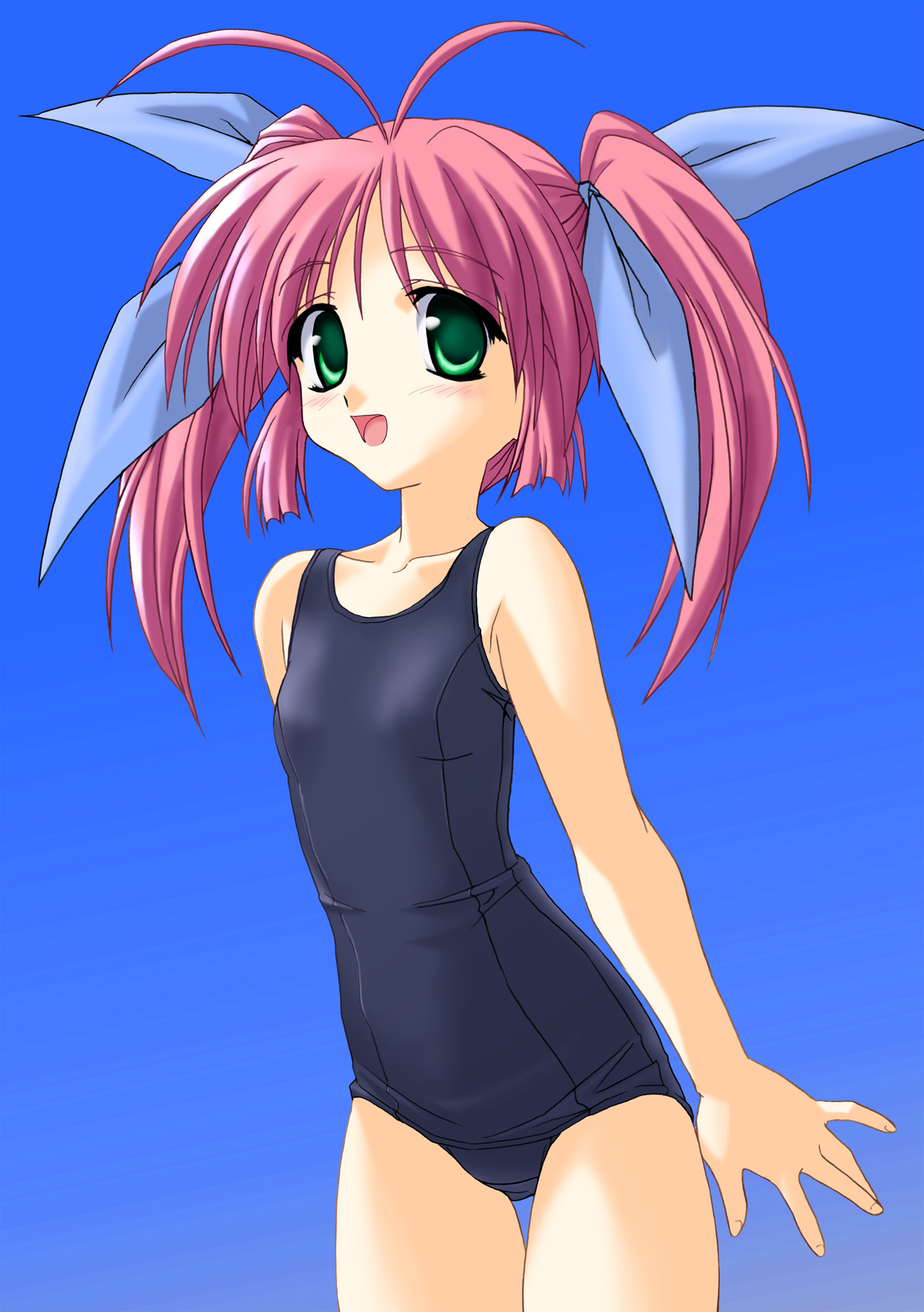 norizou type-r, tachikawa ikumi, comic party, highres, 00s, loli, one-piece swimsuit, school swimsuit, sky, solo, swimsuit