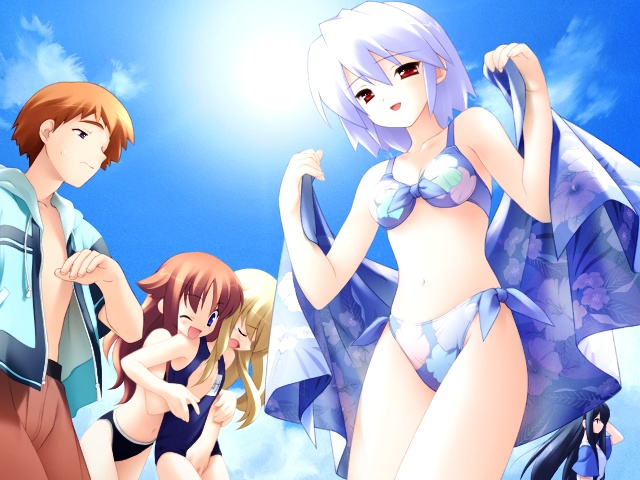 gayarou, kotonomiya yuki, makino nanami, miyashiro karin, shinjou izumi, yamato shouichi, suigetsu, game cg, 1boy, 4girls, bikini, black hair, blue eyes, breasts, brown hair, closed eyes, day, fingering, grabbing another's breast, groping, long hair, medium breasts, multiple girls, name tag, navel, one-piece swimsuit, one eye closed, open clothes, open mouth, open shirt, red eyes, sarong, school swimsuit, shirt, sky, smile, swimsuit, unworn sarong, wink, yuri