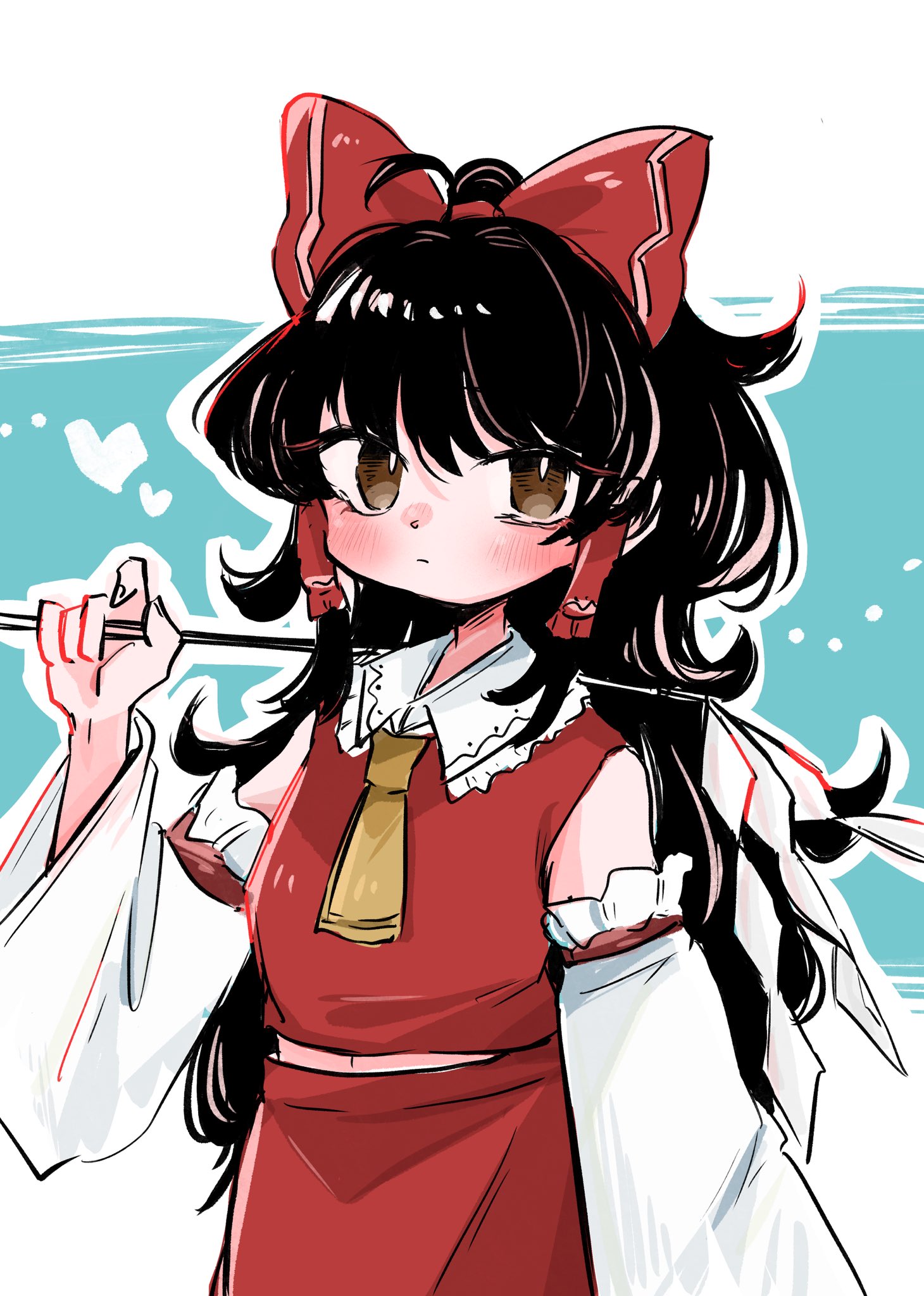 kakigoori (xm3lz), hakurei reimu, touhou, highres, 1girl, ascot, bare shoulders, black hair, bow, brown eyes, detached sleeves, expressionless, gohei, hair bow, hair tubes, heart, holding, holding gohei, long hair, looking at viewer, midriff peek, nontraditional miko, outline, red bow, red shirt, red skirt, shirt, skirt, sleeveless, sleeveless shirt, solo, white outline, wide sleeves, yellow ascot