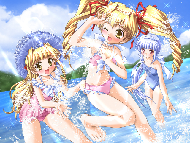 mizushiro takuya, jouzenji koko, jouzenji ruru, umeno kuu, kimi ni okuru tsubasa, game cg, 3girls, barefoot, beach, bikini, blonde hair, blue hair, blush, bow, day, drill hair, hair bow, hair ribbon, hat, loli, long hair, multiple girls, one eye closed, outdoors, red eyes, ribbon, splashing, swimsuit, twintails, wading, water, wink, yellow eyes