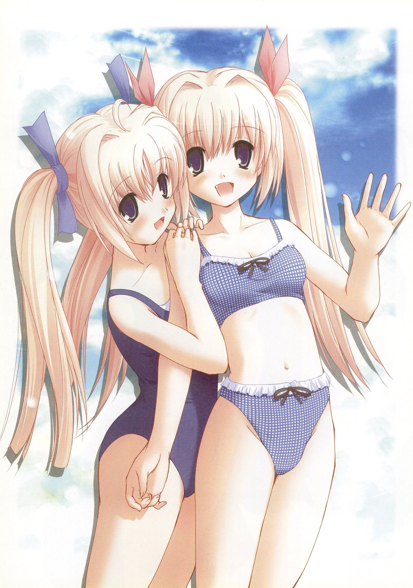 nimura yuuji, mikoshiba rea, mikoshiba rio, clover (series), clover heart's, saiga (company), highres, non-web source, 2girls, ahoge, bikini, blonde hair, blue bikini, blue eyes, blue one-piece swimsuit, blush, breasts, checkered bikini, checkered clothes, cloud, collarbone, fang, hair ribbon, hands on another's shoulder, long hair, looking at viewer, multiple girls, navel, one-piece swimsuit, open mouth, plaid bikini, plaid clothes, ribbon, school swimsuit, siblings, sisters, sky, small breasts, smile, standing, swimsuit, tankini, thighs, twins, twintails, waving