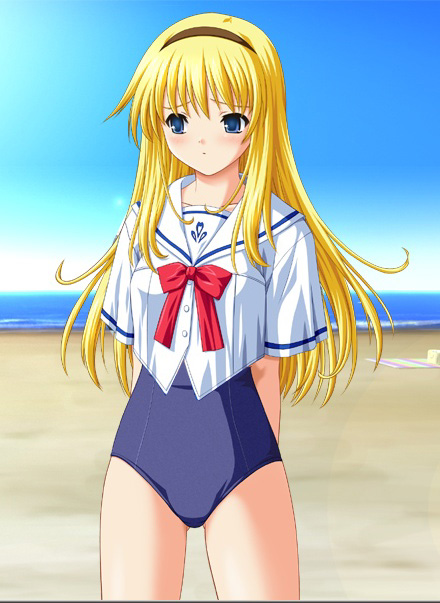 1girl, beach, blonde hair, blue eyes, day, female focus, hairband, long hair, no pants, one-piece swimsuit, outdoors, school swimsuit, school uniform, serafuku, sky, solo, swimsuit, swimsuit under clothes