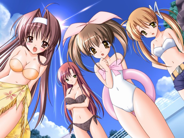 choco chip, miura reiko, atelier kaguya, doki doki onee-san, game cg, 4girls, bandeau bikini, bikini, bikini top only, black bikini, breasts, cameltoe, cloud, covered erect nipples, day, flat chest, innertube, large breasts, loli, medium breasts, multiple girls, one-piece swimsuit, sarong, side-tie bikini bottom, sky, small breasts, swim ring, swimsuit, twintails, yellow bikini