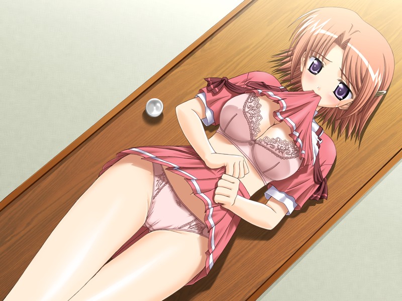 takapiko, hoshino kasumi, clockup, game cg, 1girl, bra, cameltoe, clothes lift, dutch angle, female focus, lifting own clothes, lingerie, panties, skirt, skirt lift, solo, underwear