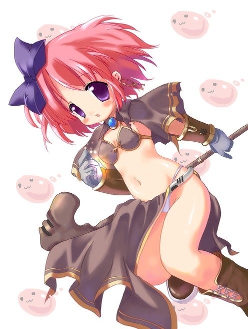 mage (ragnarok online), ragnarok online, 1girl, blush, boots, bow, bra, bracer, brown boots, dress, female focus, gloves, hair bow, lingerie, open clothes, panties, pantyshot, pelvic curtain, purple eyes, red hair, short hair, slime (creature), solo, staff, underwear, white panties