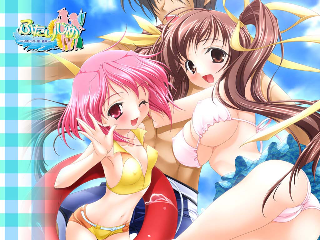 lugosi ela, momoi chinatsu, sonoi asuka, futarijime, 2girls, ass, bikini, breasts, brown eyes, brown hair, covered erect nipples, innertube, large breasts, multiple girls, one eye closed, pink hair, red eyes, sarong, swim ring, swimsuit, twintails, underboob, wink