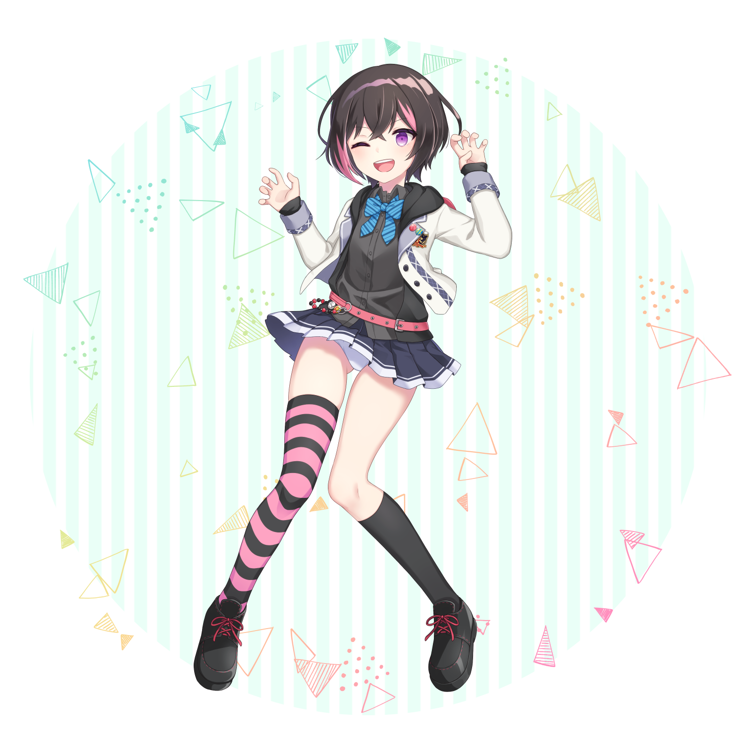 kuroneko13x, yuuki riku, ongeki, highres, official art, 1girl, asymmetrical legwear, belt, black hair, black shirt, black shoes, black skirt, black socks, black thighhighs, blazer, blue bow, blue bowtie, bow, bowtie, breasts, chair, clenched hand, closed mouth, collared shirt, crossed bangs, dress shirt, dynamic pose, full body, grin, hair between eyes, horizontal-striped thighhighs, jacket, long sleeves, looking at viewer, miniskirt, mismatched legwear, multicolored hair, panties, paw pose, pink belt, pink hair, pink thighhighs, pleated skirt, purple eyes, red ribbon, restaurant, ribbon, school uniform, shirt, shoes, short hair, single sock, single thighhigh, skirt, sleeves past wrists, small breasts, smile, socks, solo, split mouth, streaked hair, striped clothes, striped thighhighs, thighhighs, two-tone hair, two-tone thighhighs, underwear, uneven legwear, white jacket, white panties