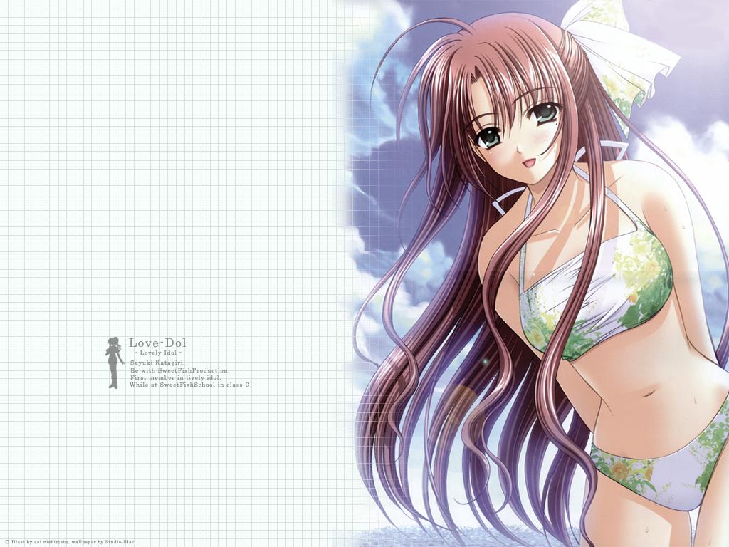 nishimata aoi, katagiri sayuki, lovely idol, 1girl, bikini, brown hair, day, female focus, green bikini, green eyes, long hair, navel, solo, swimsuit, tankini, very long hair
