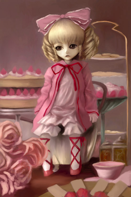 oisin, hinaichigo, rozen maiden, cross-laced footwear, 00s, 1girl, blonde hair, bow, brown eyes, cake, creepy, dress, female focus, flower, food, fruit, full body, hair bow, jacket, looking to the side, open clothes, open jacket, pantyhose, parted lips, pink bow, ribbon, short hair, sitting, solo, strawberry, sweets, two side up, white dress, white pantyhose