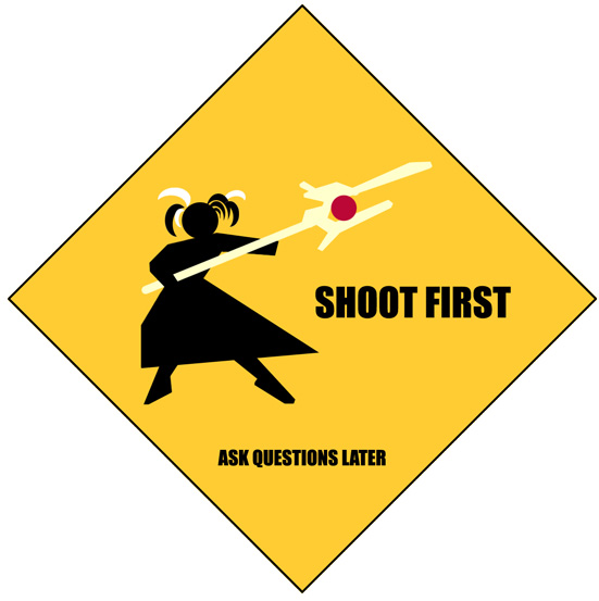 raising heart, raising heart (buster mode), takamachi nanoha, lyrical nanoha, mahou shoujo lyrical nanoha, 00s, 1girl, english text, female focus, image macro (meme), magical girl, meme, sign, silhouette, solo, truth, twintails, warning sign, white devil