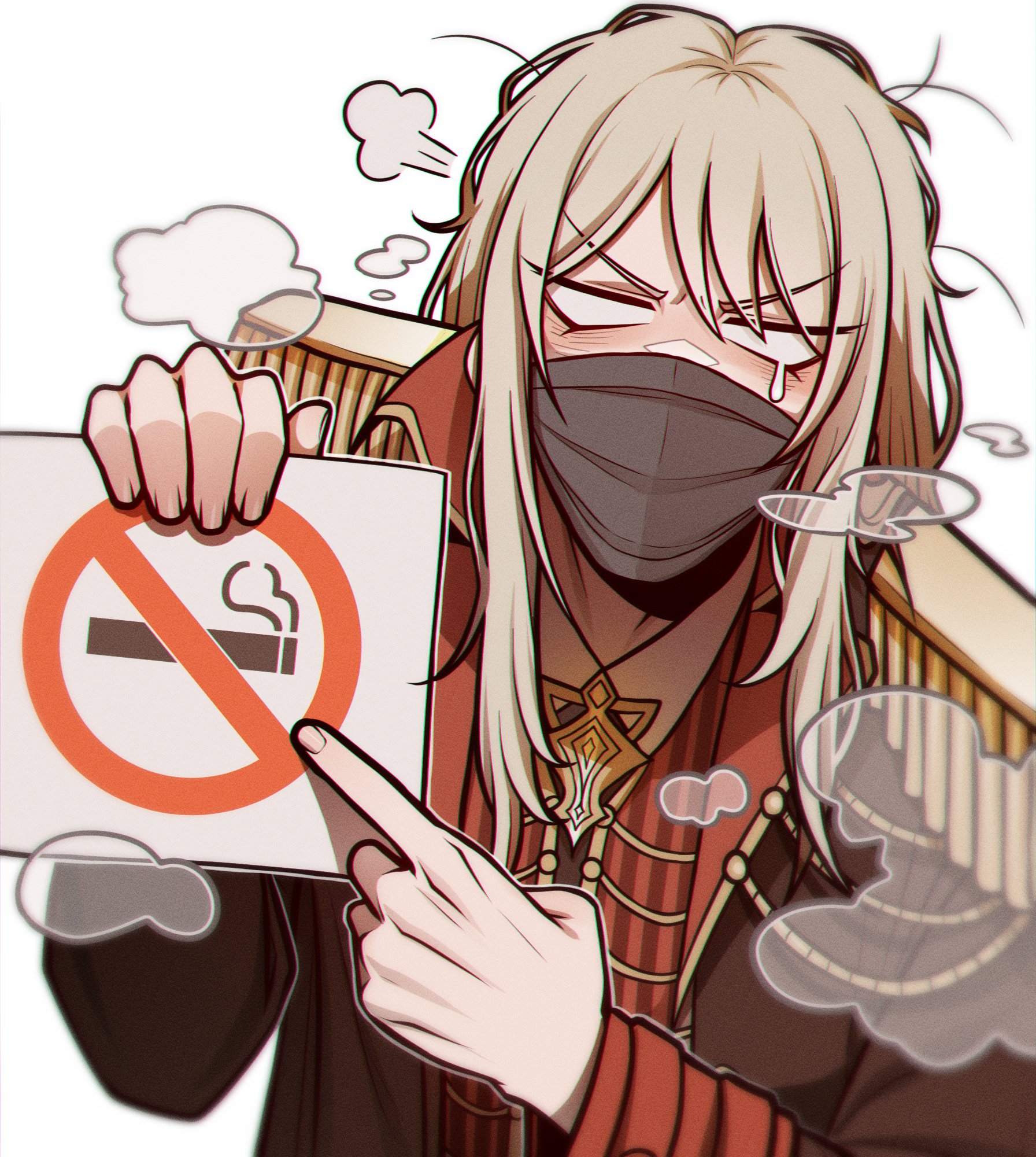 misg1111, limbus company, project moon, highres, 1boy, angry, black coat, black mask, blush, brooch, coat, collared shirt, covered mouth, crying, crying with eyes open, epaulettes, eyelashes, holding, holding sign, jacket, jewelry, la manchaland's don quixote (project moon), long hair, long sleeves, male focus, mask, mouth mask, no smoking, open clothes, open coat, pinstripe jacket, pinstripe pattern, pointing, puff of air, red jacket, shirt, sidelocks, sign, simple background, smoke, solo, teardrop, tears, upper body, v-shaped eyes, white background, white hair, white shirt