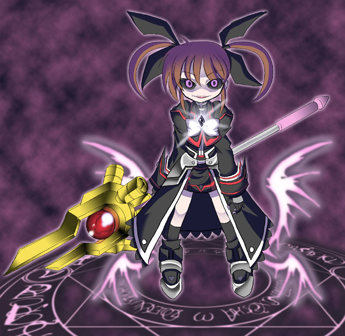 raising heart, raising heart (buster mode), takamachi nanoha, lyrical nanoha, mahou shoujo lyrical nanoha, winged footwear, 00s, 1girl, alternate costume, black sclera, bow, colored sclera, crazy eyes, dark persona, female focus, fingerless gloves, gloves, goth fashion, magic, magic circle, magical girl, shoes, solo, twintails, white devil, wings