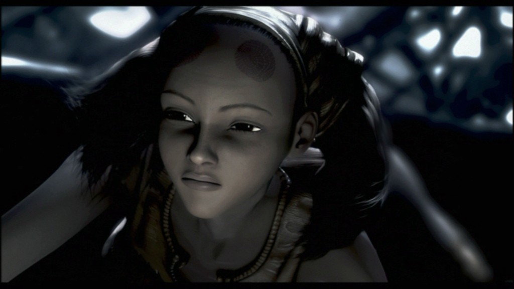 anime screenshot, non-web source, tagme, 1girl, 3d, black theme, dark, dark-skinned female, dark skin, female focus, forehead tattoo, solo, tattoo