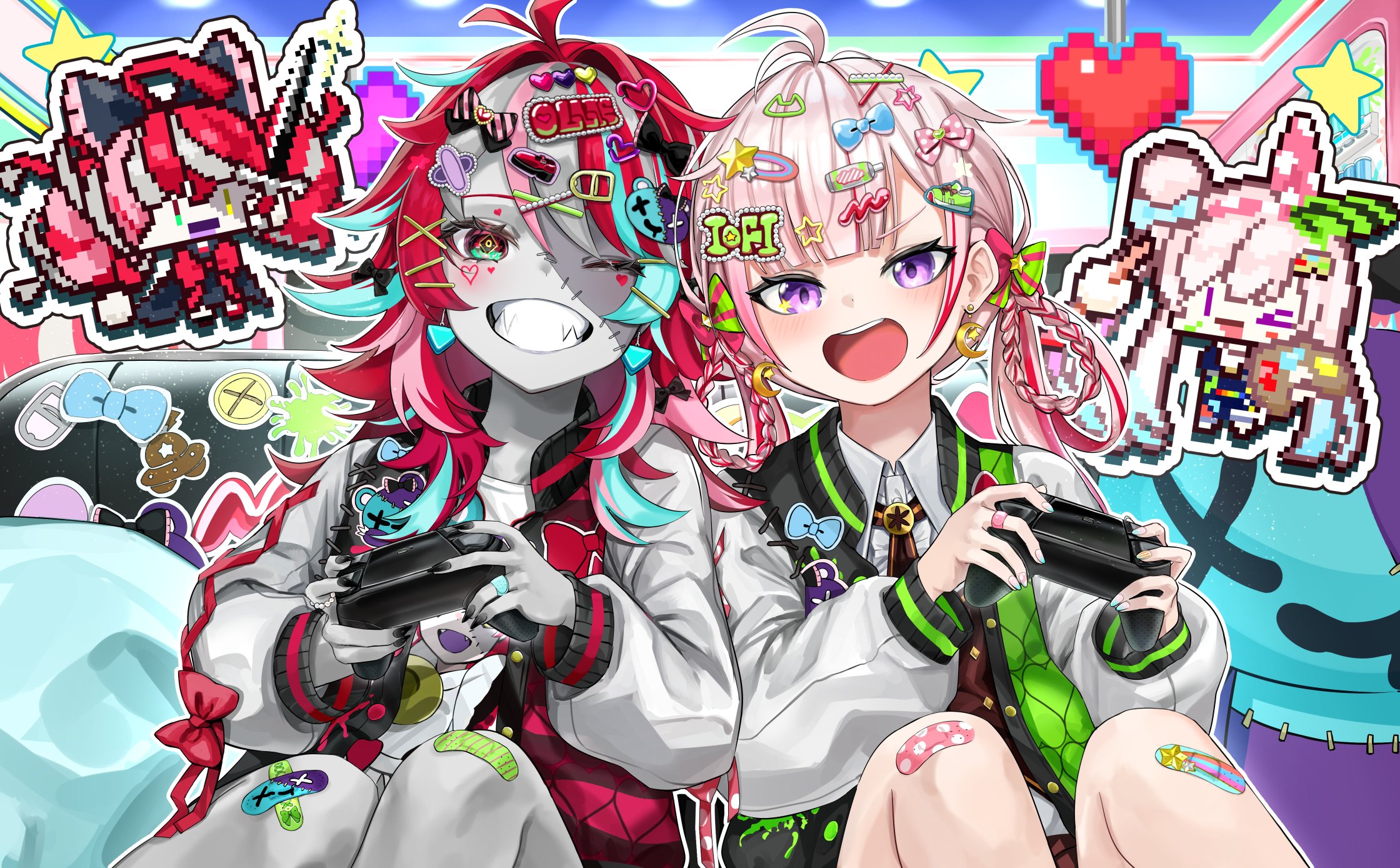 oyu (oy234u), airani iofifteen, kureiji ollie, hololive, hololive indonesia, highres, 2girls, bandaid, bandaid on finger, bandaid on knee, bandaid on leg, black bow, black nails, blue bow, blue hair, bow, braid, colored skin, controller, crescent, crescent earrings, earrings, facial mark, game controller, green bow, grey hair, grey skin, hair bow, hair ornament, hairclip, hairpin, heart, heart facial mark, heart hair ornament, holding, holding controller, holding game controller, jewelry, long sleeves, multicolored hair, multiple girls, name tag hair ornament, one eye closed, open mouth, pink bow, pink hair, pixel art, purple eyes, red hair, shirt, star (symbol), star hair ornament, stitched face, stitches, streaked hair, striped bow, white shirt, zombie