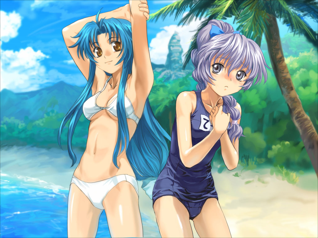 mutsuki (moonknives), chidori kaname, teletha testarossa, fujimi shobo, full metal panic!, 00s, 2girls, arms up, beach, bikini, blue hair, breasts, brown eyes, cleavage, day, embarrassed, female focus, large breasts, long hair, low-tied long hair, multiple girls, name tag, ocean, one-piece swimsuit, outdoors, purple eyes, purple hair, school swimsuit, swimsuit, very long hair, water