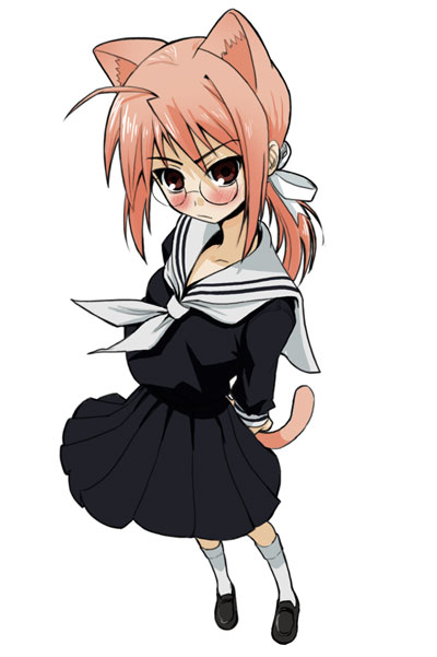 takano saki, hasegawa chisame, mahou sensei negima!, 00s, animal ears, black shoes, cat ears, glasses, low ponytail, pleated skirt, ponytail, school uniform, serafuku, shoes, skirt, solo