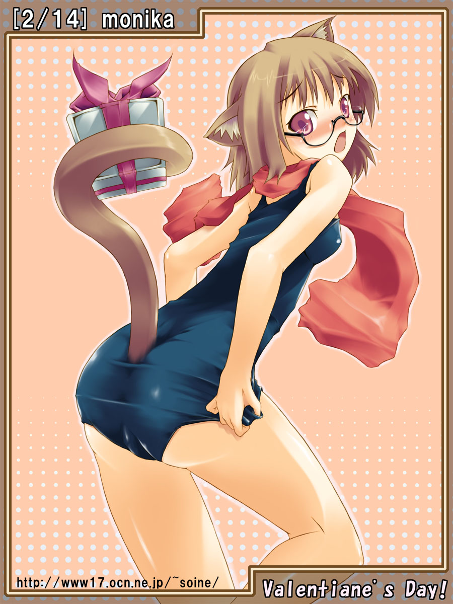 soine, monika, original, highres, 1girl, animal ears, ass, back, black one-piece swimsuit, blush, brown hair, cat ears, cat tail, english text, engrish text, fat mons, female focus, flat chest, gift, glasses, legs, one-piece swimsuit, purple eyes, ranguage, scarf, school swimsuit, short hair, solo, surprised, swimsuit, tail, valentine
