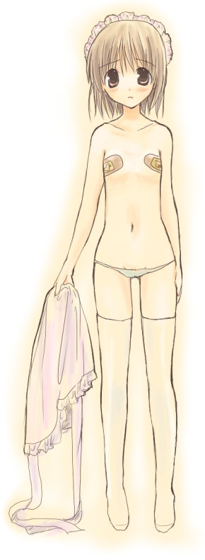 kayune niu, bandaid, bandaids on nipples, blush, brown eyes, brown hair, headdress, lowleg, lowleg panties, maebari, navel, panties, pasties, short hair, solo, standing, thighhighs, underwear, white panties, white thighhighs