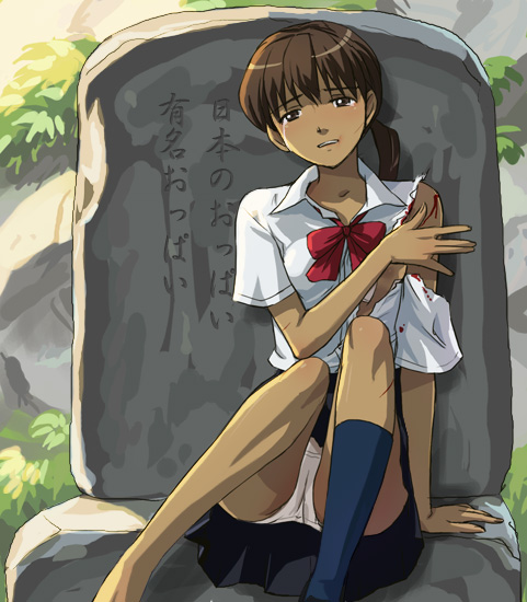 haruyama kazunori, kinjou kaori, blood+, 00s, 1girl, arm support, barefoot, black socks, blood, blouse, bow, bowtie, brown hair, female focus, injury, miniskirt, nipples, no bra, outdoors, panties, pantyshot, pleated skirt, school uniform, shirt, shoes, short hair, single shoe, sitting, skirt, socks, solo, tears, torn clothes, torn shirt, underwear, upskirt, white panties