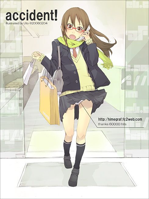 yoshito, original, 00s, 1girl, 2006, bag, black socks, blazer, blush, brown eyes, brown hair, cellphone, dated, dress shirt, elbow carry, female focus, full body, glasses, green scarf, handbag, holding, holding bag, jacket, kneehighs, loafers, long hair, milestone celebration, necktie, open mouth, panties, pantyshot, phone, pleated skirt, red-framed eyewear, red necktie, scarf, school uniform, shirt, shoes, shopping, skirt, socks, solo, standing, sweater vest, talking on phone, underwear, vest, watermark, web address, white panties, wind, wind lift