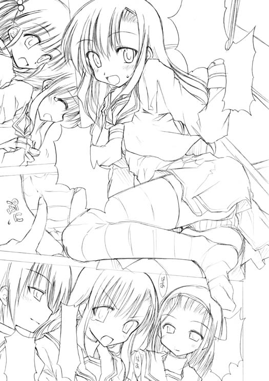 ndemotte, 1boy, 3girls, greyscale, long sleeves, monochrome, multiple girls, panties, school uniform, serafuku, striped clothes, striped panties, underwear