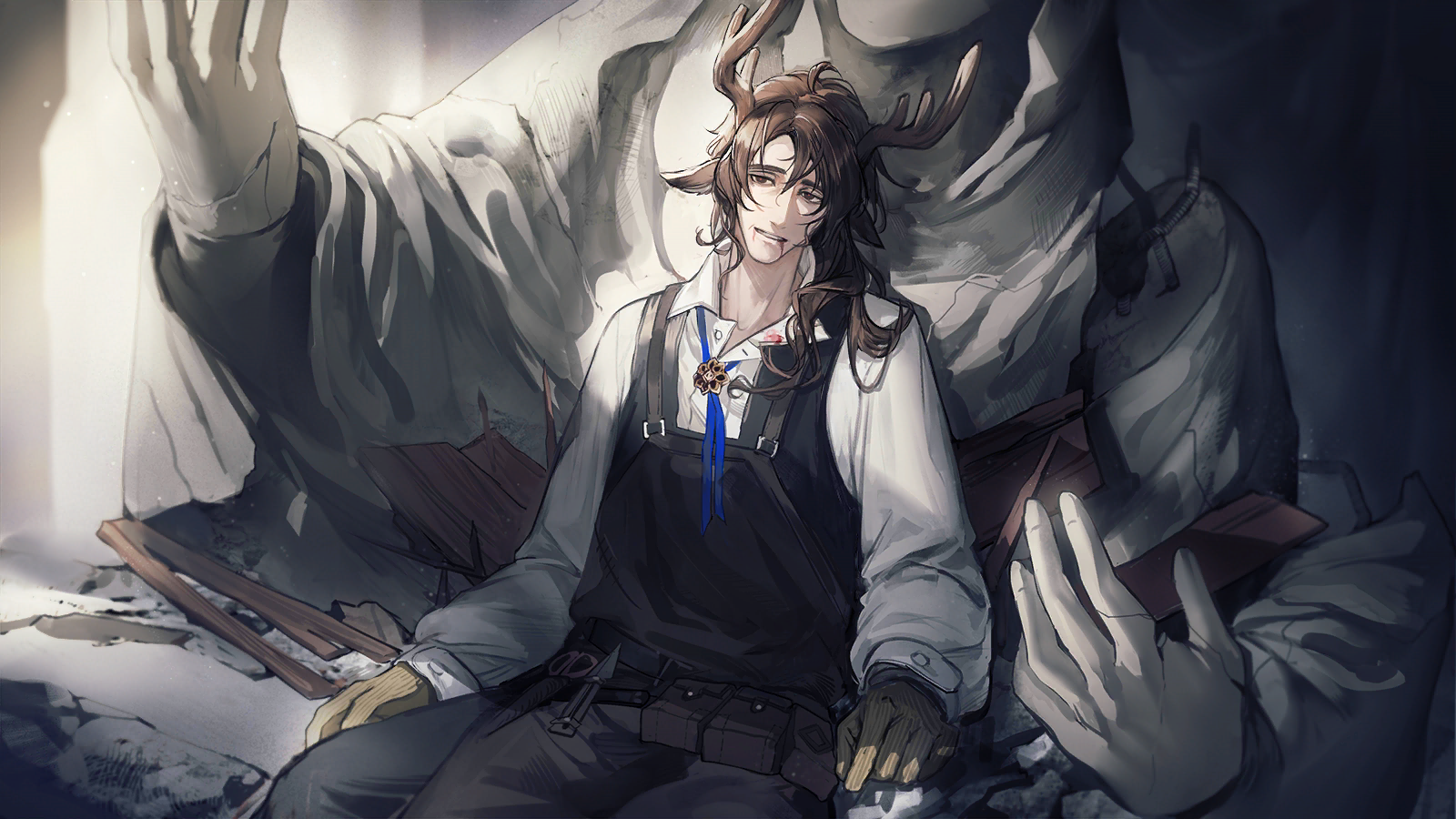 arknights, game cg, highres, official art, third-party source, 1boy, animal ears, antlers, apron, brown apron, brown eyes, brown hair, clement dubois (arknights), deer antlers, deer boy, deer ears, gloves, horns, long hair, long sleeves, on ground, reclining, shirt, solo, statue, white shirt, yellow gloves