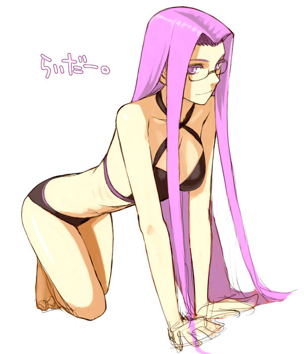 yu 65026, medusa (fate), medusa (rider) (fate), fate/stay night, fate (series), 00s, 1girl, all fours, bikini, black bikini, female focus, glasses, halterneck, long hair, matching hair/eyes, official alternate costume, purple eyes, purple hair, sketch, solo, square pupils, swimsuit, very long hair