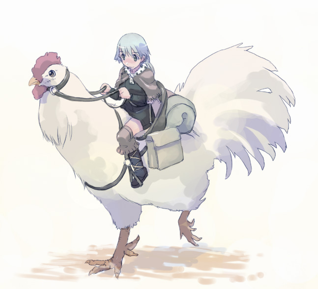 takeda sun, 1girl, bird, black boots, boots, chicken, female focus, riding, saddle, solo