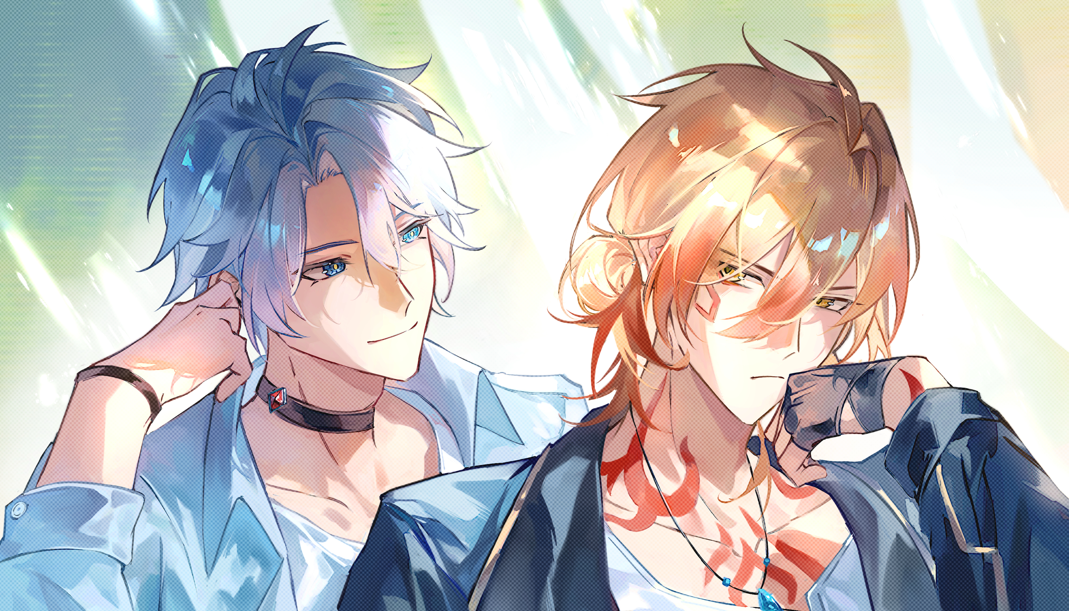 mydei (honkai: star rail), phainon (honkai: star rail), honkai: star rail, honkai (series), absurdres, chinese commentary, commentary request, highres, 2boys, antenna hair, black choker, black gloves, black jacket, blonde hair, blue eyes, chest tattoo, choker, facial tattoo, fingerless gloves, gloves, gradient hair, hair between eyes, jacket, male focus, medium hair, multicolored hair, multiple boys, naibu048, parted bangs, red hair, red tattoo, shirt, short hair, tattoo, white hair, white shirt, yellow eyes