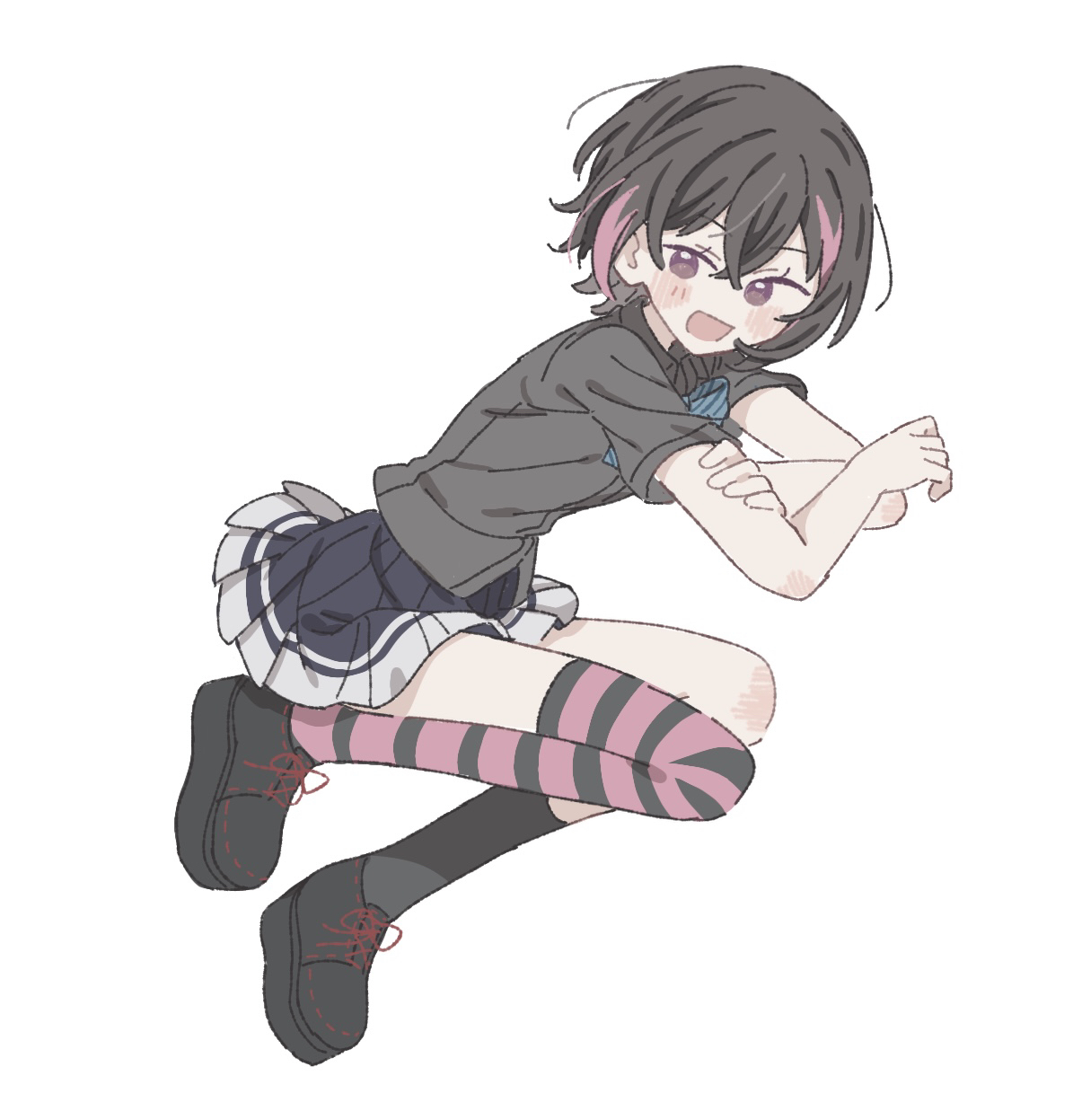 yuuki riku, ongeki, highres, 1girl, asymmetrical legwear, belt, black hair, black shirt, black shoes, black socks, black thighhighs, blazer, blue bow, blue bowtie, blue skirt, bow, bowtie, breasts, chair, collared shirt, full body, hair between eyes, horizontal-striped thighhighs, jacket, long sleeves, looking at viewer, miniskirt, mismatched legwear, multicolored hair, open mouth, pink belt, pink hair, pink thighhighs, pleated skirt, purple eyes, restaurant, school uniform, shirt, shoes, short hair, short sleeves, single sock, single thighhigh, skirt, small breasts, smile, socks, solo, split mouth, streaked hair, striped clothes, striped thighhighs, thighhighs, two-tone hair, two-tone thighhighs, uneven legwear, user xung8854, white jacket