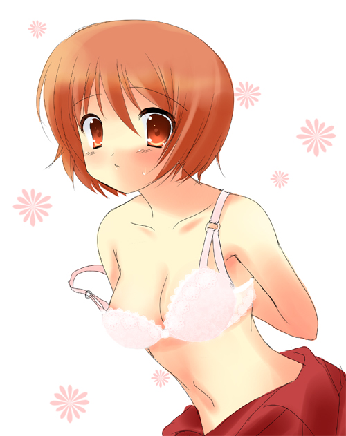 yukizuki chikuba, osaragi hazumu, kashimashi, 00s, 1girl, arms behind back, blush, bra, brown eyes, brown hair, collarbone, female focus, lace, lace bra, lingerie, looking at viewer, off shoulder, short hair, solo, sweatdrop, underwear, undressing