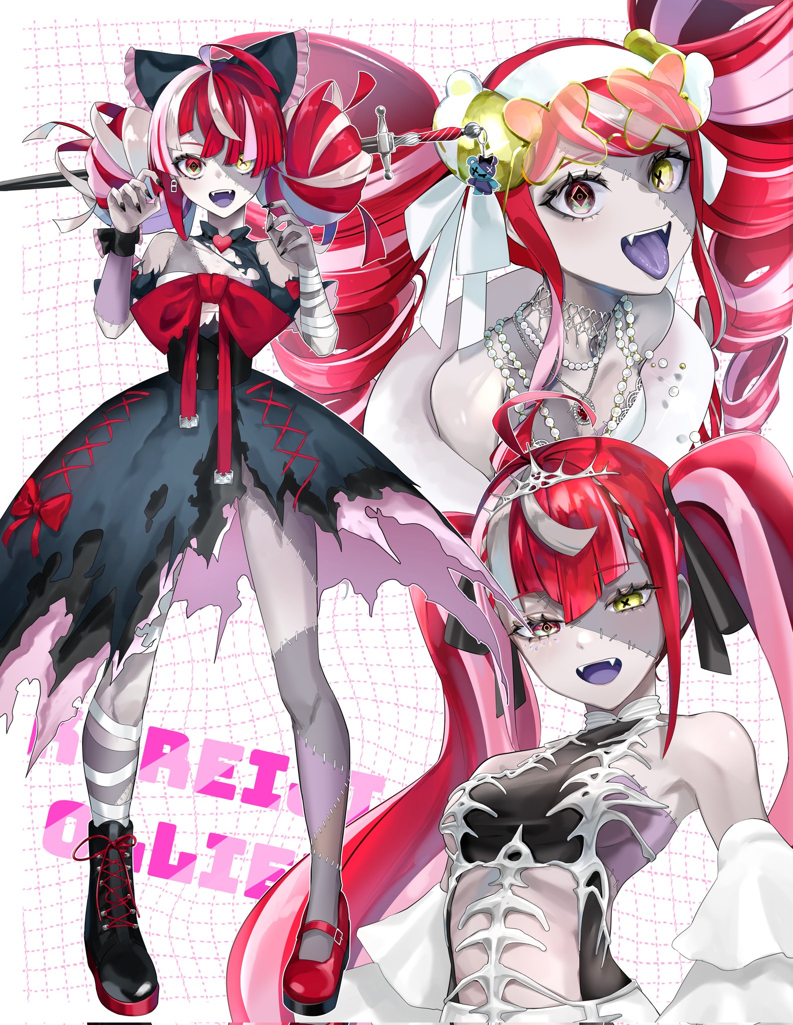 oyu (oy234u), kureiji ollie, kureiji ollie (1st costume), kureiji ollie (mafia princess), kureiji ollie (rebirth), hololive, hololive indonesia, corrupted twitter file, highres, 1girl, ahoge, asymmetrical footwear, black bow, black dress, black nails, black shoes, bow, breasts, character name, colored skin, diamond-shaped pupils, diamond (shape), dress, drill hair, earrings, eyewear on head, fangs, grey hair, grey skin, hair bow, heart, heterochromia, jewelry, mismatched footwear, multicolored hair, necklace, official alternate costume, official alternate hairstyle, open mouth, pearl necklace, pink hair, red bow, red hair, red shoes, shoes, stitched arm, stitched face, stitched leg, stitches, sword, symbol-shaped pupils, tongue, tongue out, torn clothes, torn dress, virtual youtuber, weapon, x-shaped pupils, yellow eyes